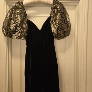 Black Velvet Dress with Gold Brocade Puff Sleeves